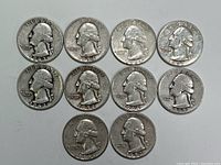 Obverse sides showing George Washington portrait and dates for each of the ten quarters spanning 1939-1964.