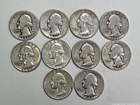 Obverse view of 10 Washington quarters showing George Washington profile with dates 1936, 1947, 1961, 1935, 1957, 1947, 1942, 1941, 1941, and 1948.