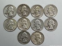 Obverse side of 10 Washington quarters showing George Washington's profile with dates from 1937 to 1959.