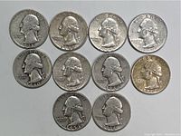 Obverse side of 10 U.S. Washington quarters showing George Washington's portrait, dated from 1935 to 1953.