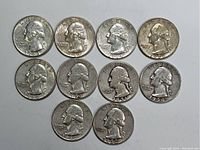 Front (obverse) view of all 10 silver quarters showing George Washington portrait and mint years.