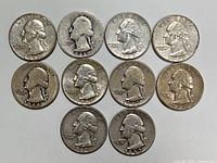 Obverse view of all 10 Washington quarters showing George Washington portrait and dates.