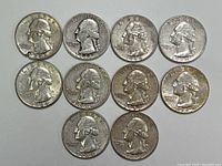 Face side of ten Washington quarters dated 1944-1964 showing George Washington's profile and inscriptions.