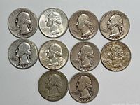 Obverse side of 10 Washington quarters showing George Washington's profile with dates visible from 1943 to 1965.