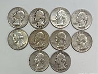 Obverse views of 10 Washington quarters showing George Washington's profile and dates from 1942 to 1967.