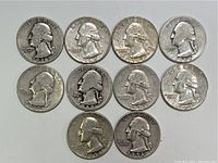 Obverse side of ten pre-1965 Washington quarters showing dates 1936, 1944, 1947, 1954, 1956 (two), 1963, and 1964 with visible George Washington portrait.