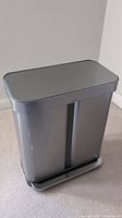 Simplehuman double bin with pedal operation in metallic grey finish, showing front view of the bin with two compartments.