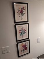 Photo showing three vertically aligned framed floral prints on a wall, black frames with gold trim