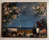 Full view of small oil painting on canvas featuring a landscape with flowers, a figure, and a boat in the distance.