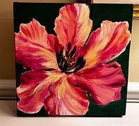 Full front view of a square painting showing a large pink tulip flower with thick brush strokes and vibrant colors on a dark green background.