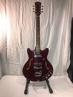 Full front view of guitar showing hollow body, red finish, f-holes, pickups, controls, tremolo arm