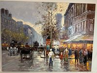 Front view of large oil painting showing entire street scene with carriages, people, and buildings.