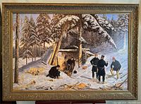 Frontal view of the full framed painting showing the winter forest and cabin scene with figures