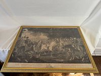 Full view of the antique framed etching showing a historical military scene with mounted and standing figures.