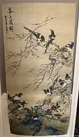 Full view of signed Chinese watercolour painting featuring birds on blossoming branches with calligraphy and signature.