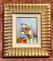 Front view of framed oil painting with three abstract figures playing instruments, clear view of artwork and frame texture