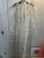 Wedding dress and veil hanging on a door inside a garment bag showing floral and beaded details on the dress.