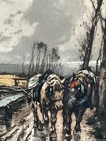 Close-up of the etching showing two horses walking along a muddy path with trees and water canal, demonstrating the detailed color work and style of the print.