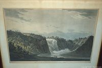 Full view of the colored engraved aquatint print depicting the Fall of Montmorenci waterfall, showing landscape with cliffs, trees, water and sky.