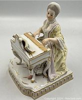 Front left three-quarter view of the figurine seated at the pianoforte