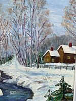 Close-up of the painted winter scene showing cabins, snow, trees and stream
