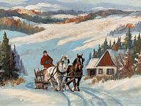 Close-up view of painting showing horses pulling a sleigh in a snowy landscape near a cabin