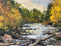 Close-up of river landscape oil painting showing textured brushwork