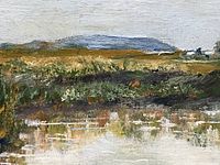 Close-up of the oil painting showing detailed brushwork of grass and reflective water with distant hills under a cloudy sky.