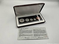 Open case showing five proof coins arranged in increasing size from right to left, secured under clear plastic in white felt interior.