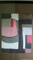 Framed abstract mixed media painting featuring geometric shapes in pink, red, white, gray, brown and black