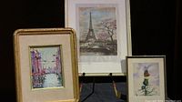 Overall view of three artworks including Eiffel Tower on silk, Venice oil painting, and butterfly watercolour
