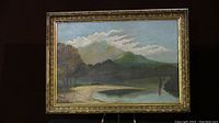 Frontal view of the framed vintage landscape painting showing overall artwork and frame details.