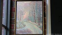 Full view of original framed painting showing snow-covered path and winter landscape with pastel colors.