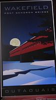 Photo showing a 20x36 inch poster mounted on board depicting the Pont Gendron Bridge in Wakefield, Outaouais at night with a train and full moon.