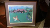 Full view of framed giclee print depicting a large estate with foreground figures and animals.