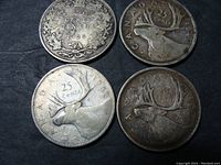 Obverse and reverse of all four Canadian quarters showing monarch profiles and caribou/leaf designs