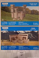 Box covers showing assembled images and dimensions of Knight Castle and Stable wooden puzzles.