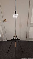 Full view of the adjustable metal tripod artist easel standing against a white door, showing height and tripod legs.