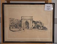 Full view of the framed print depicting the Memorial Arch RMC Kingston in black and white sketch style.