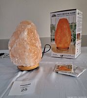 Salt crystal lamp on wooden base with power cord and switch, original box, and informational pamphlet displayed on a table.