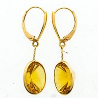 Full front view of the pair of earrings showing their drop design, gold setting, and oval citrine stones.