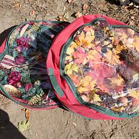 Two 24-inch holiday wreaths in protective red fabric storage bags with clear plastic lids, one wreath with fall leaf motif and the other with Christmas pine and floral design.