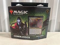 Front of sealed Commander deck box with artwork and visible foil card.