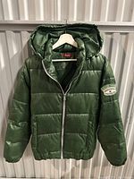 Full view of green puffer jacket on hanger with hood and zipper closed.