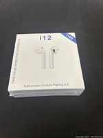 Front view of sealed i12 TWS true wireless earbuds box showing product name and image of earbuds.