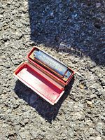 Image of the M. Hohner Vest Pocket Harp harmonica in open red case on an asphalt surface.