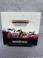 Front view of sealed booster display box showing Warhammer Age of Sigmar Champions branding and artwork.