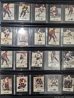 Photo of framed hockey card collection with 16 individually plastic-protected hockey cards in one black frame, arranged in four rows of four cards each. Slight glare on some cards, frame edges show minor scuffs and scratches.