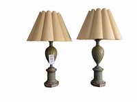Front view of two vintage pineapple table lamps with beige pleated shades on hexagonal bases, showing design and condition.