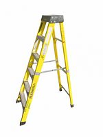 Full view of yellow Featherlite brand ladder showing 5 aluminum steps, black top, yellow frame with cross braces, rubber feet, and visible wear marks.